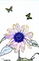 artistic sketch of two butterflies flying around flower